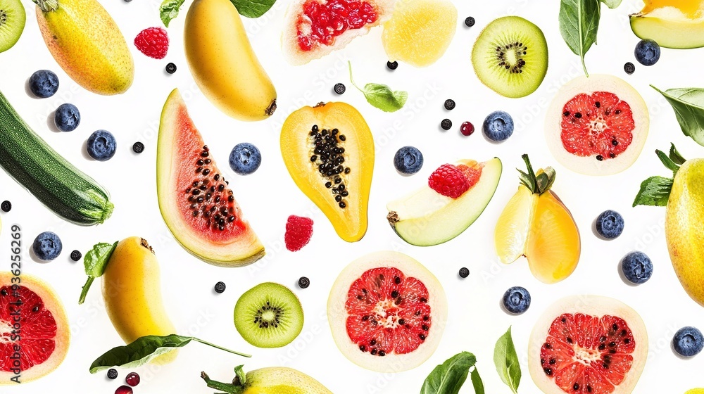 A vibrant selection of fresh fruits and vegetables arranged on a bright surface showcasing variety and color