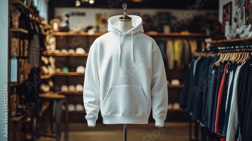 A mannequin is standing in a clothing store with a white hoodie on