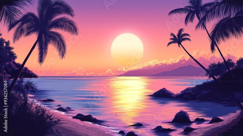 A Hawaiian beach sunset, tropical scene, gradient colors, serene horizon, isolated on white background