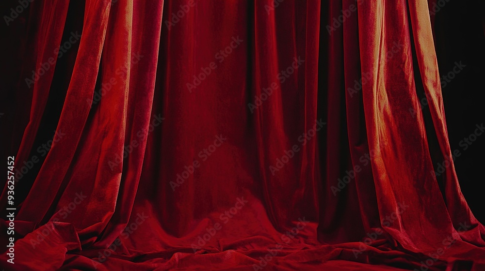 Rich crimson fabric drapes elegantly on a dark background, creating a dramatic backdrop for stage performances or photography sessions Rich crimson fabric drapes elegantly on a dark background, creating a dramatic backdrop for stage performances or photography sessions