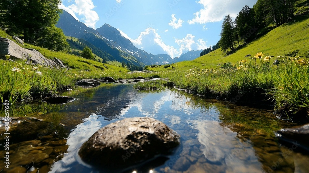 Beautiful alpine landscape with a crystal-clear river flowing through a lush green valley, surrounded by majestic mountains and a breathtaking waterfall Beautiful alpine landscape with a crystal-clear river flowing through a lush green valley, surrounded by majestic mountains and a breathtaking waterfall