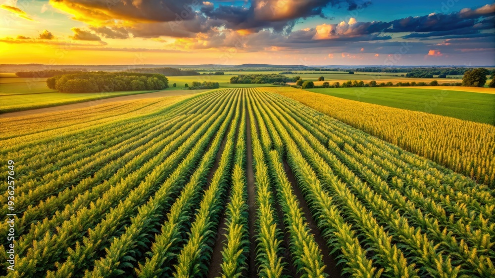 Aerial view of a sprawling golden cornfield with rows of tall, lush green plants stretching towards the horizon on a sunny summer day. Aerial view of a sprawling golden cornfield with rows of tall, lush green plants stretching towards the horizon on a sunny summer day.