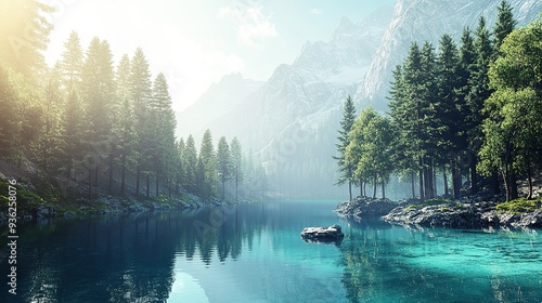 Tranquil mountain lake surrounded by lush forests and rocky shores in early morning light