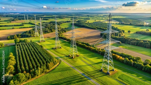 Aerial view of high voltage electricity transmission pylons and power lines stretching across the landscape, supplying energy to distant locations with insulated wires. photo