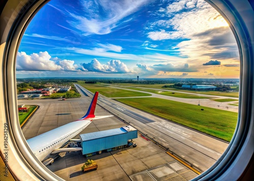 Aerial view of Juanda International Airport's runway and infrastructure from an airplane window, set against a vivid blue sky during morning boarding. photo