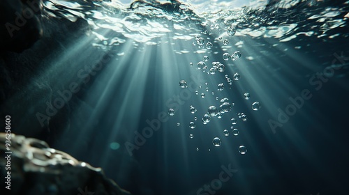 Underwater bubbles rising in sunlight beams in a tranquil aquatic environment