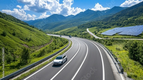 Empty mountain road winding through the lush green landscape, with the sky and clouds creating a breathtaking backdrop