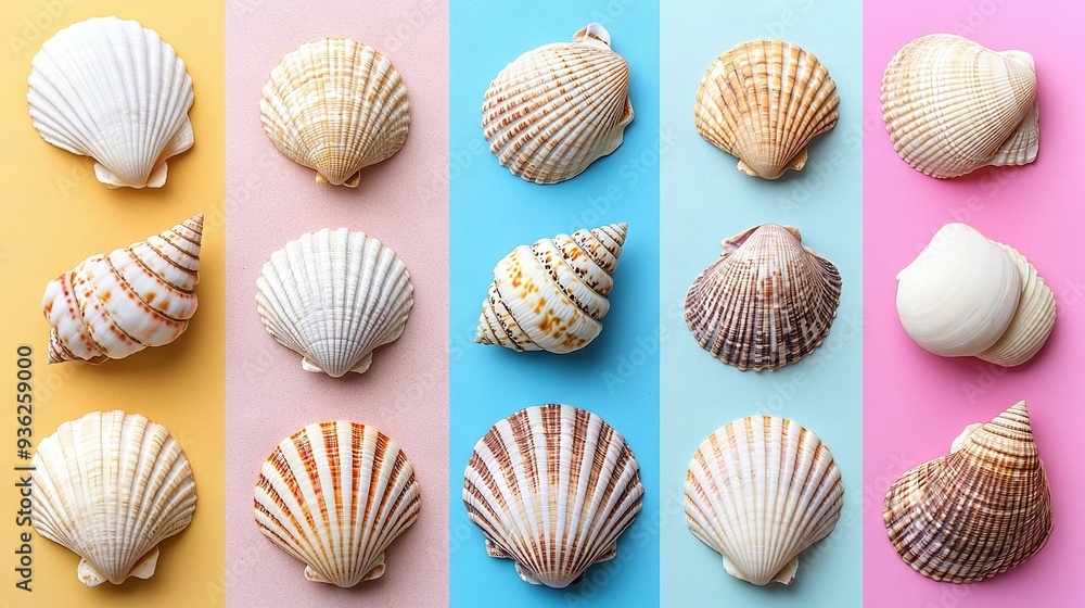 A row of seashells on a colorful backdrop with pink, blue, yellow, and pink stripes A row of seashells on a colorful backdrop with pink, blue, yellow, and pink stripes