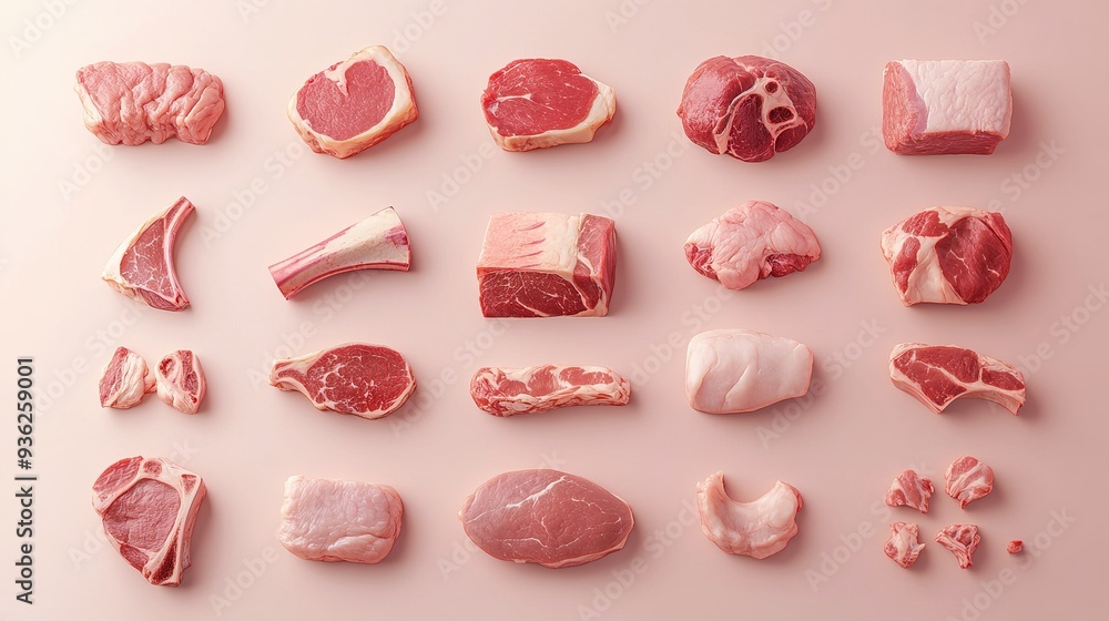 A variety of raw meat cuts arranged on a pale background showcasing different types and shapes for culinary preparation A variety of raw meat cuts arranged on a pale background showcasing different types and shapes for culinary preparation