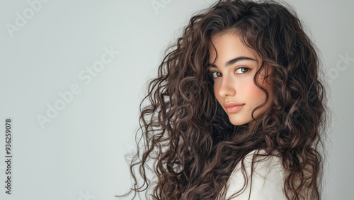 Woman with long thick curly brown hair on a light background.	