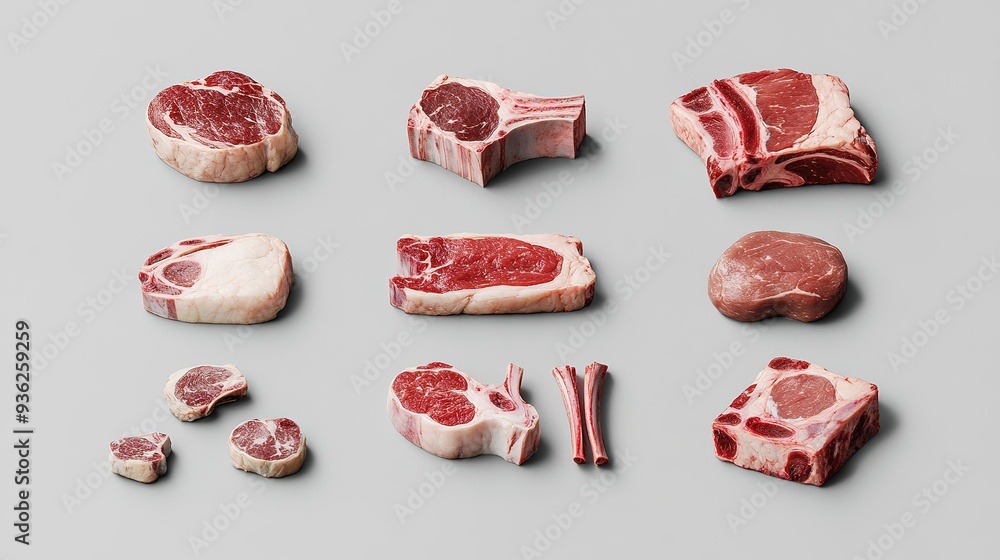Various cuts of raw meat arranged neatly on a gray surface showcasing the diversity of butchering techniques
