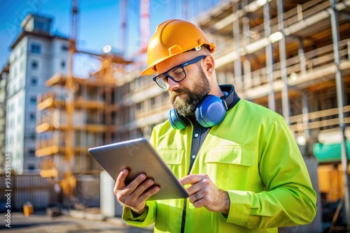 A focused construction professional wearingsafety gear, including a green reflective vest, goggles, and earmuffs, uses a digital tablet to review project plans on a busy building site.