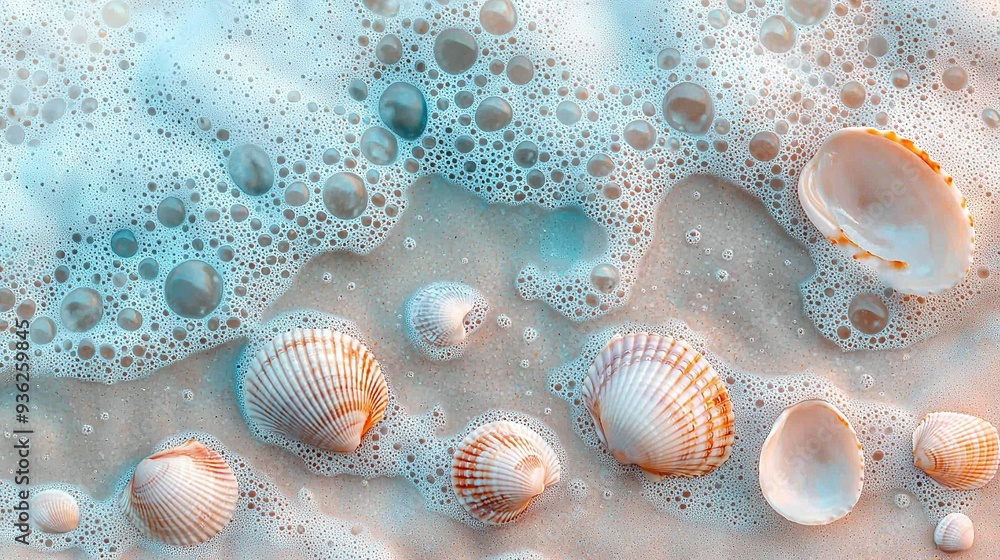 A cluster of seashells resting atop a sandy shore adjacent to surging waves of frothy water A cluster of seashells resting atop a sandy shore adjacent to surging waves of frothy water