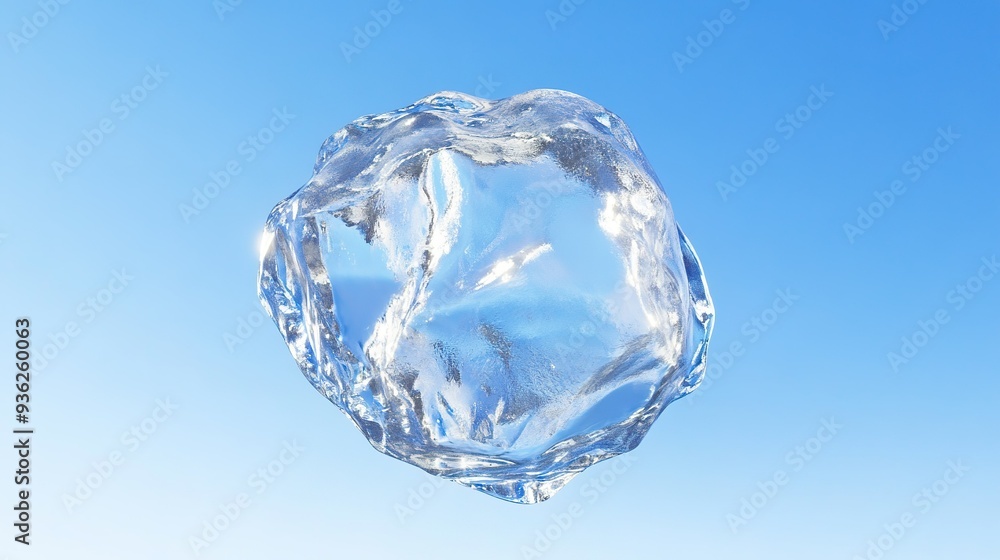 A clear ice cube floating against a bright blue sky on a sunny day, showcasing the glowing, transparent structure of ice A clear ice cube floating against a bright blue sky on a sunny day, showcasing the glowing, transparent structure of ice