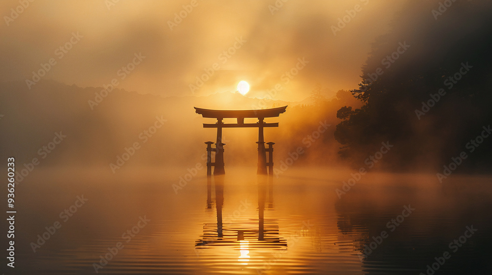 Golden Sunset Over Tranquil Lake with Torii Gate Silhouette