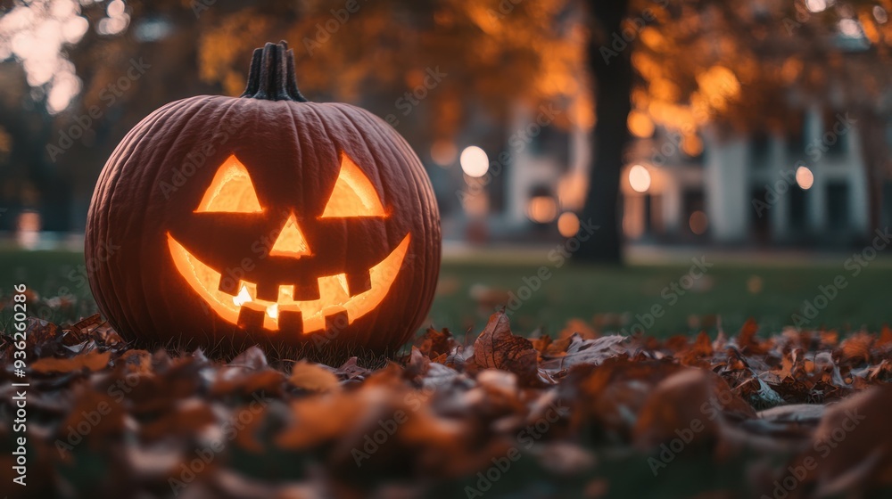 A pumpkin with a scary face is sitting on the ground next to a tree A pumpkin with a scary face is sitting on the ground next to a tree