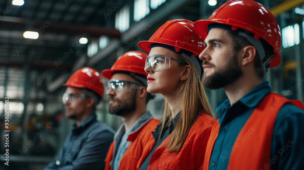 Team of engineers wearing hard hats standing in factory Team of engineers wearing hard hats standing in factory