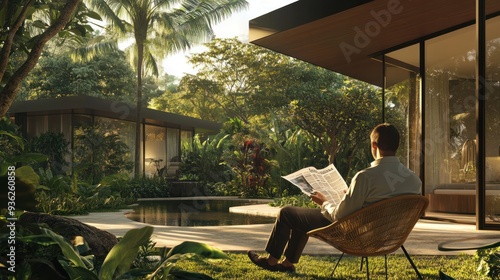A man is sitting in a chair by a pool, reading a newspaper