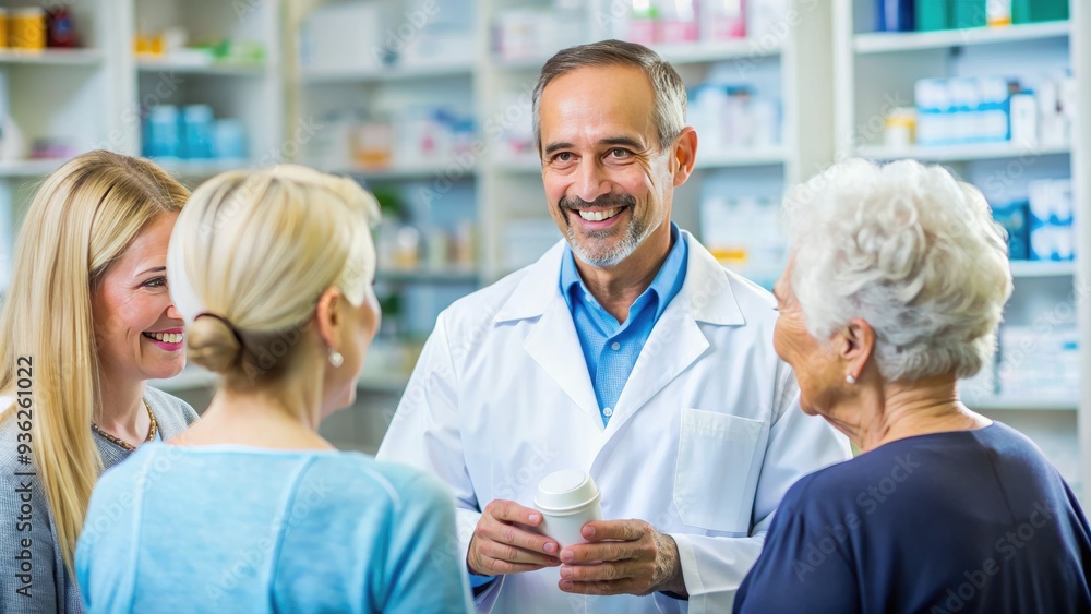 A friendly healthcare professional assists patients, providing guidance on prescribed medications and answering questions amidst stocked shelves in a well-organized pharmacy setting. A friendly healthcare professional assists patients, providing guidance on prescribed medications and answering questions amidst stocked shelves in a well-organized pharmacy setting.