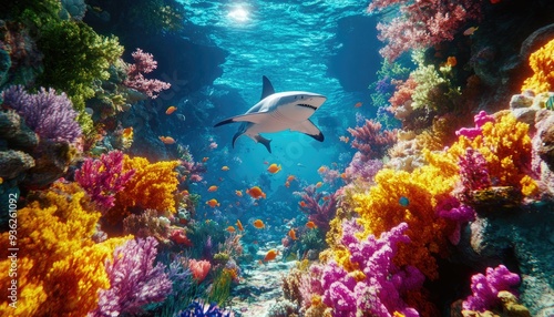 Fototapeta Naklejka Na Ścianę i Meble -  A whitetip reef shark swims through a vibrant coral reef teeming with colorful fish.