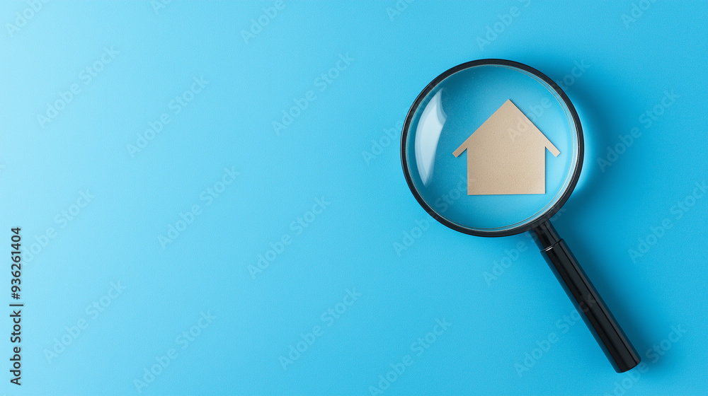 Magnifying glass focusing on a miniature cardboard house on blue background Magnifying glass focusing on a miniature cardboard house on blue background