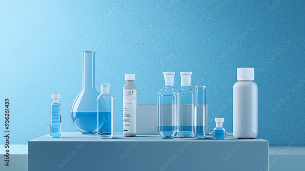 Laboratory glassware containing blue liquid sitting on table Laboratory glassware containing blue liquid sitting on table