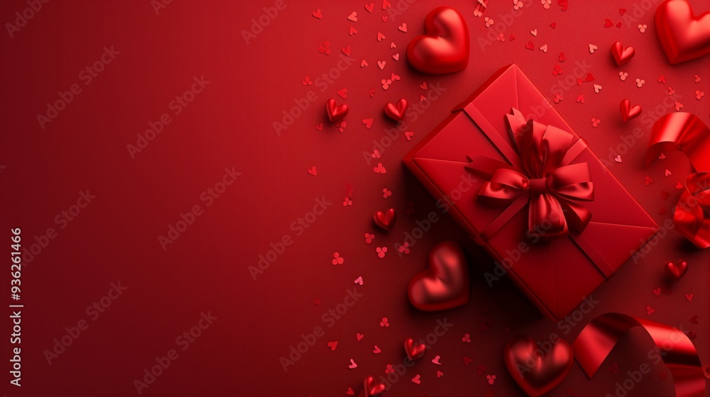 Valentine's day gift. Banner design with present box and hearts on red background.