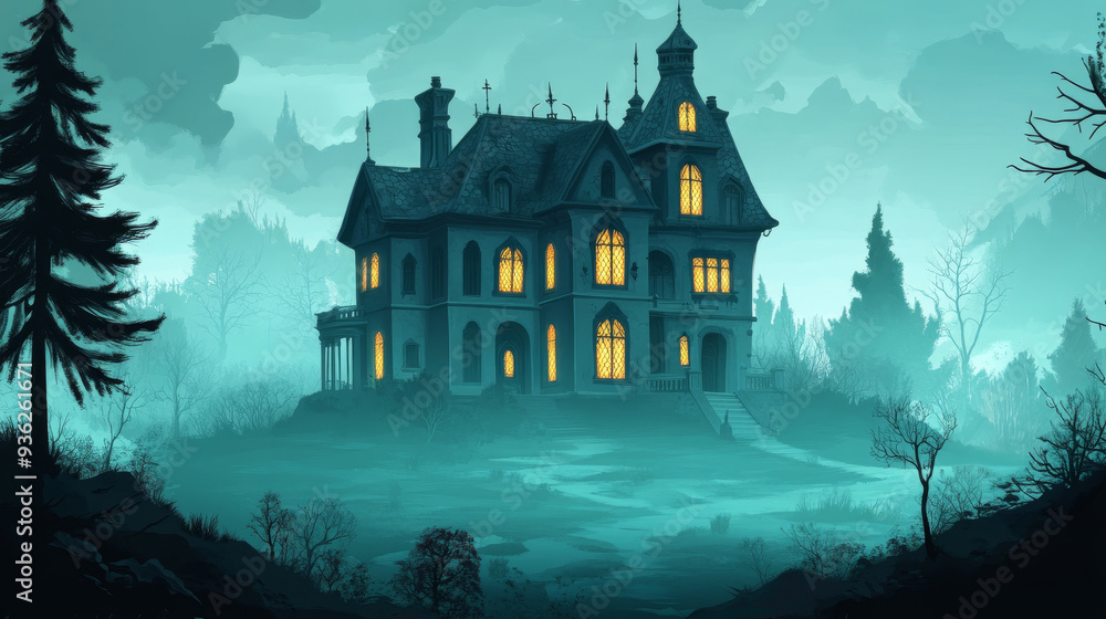 A hauntingly beautiful mansion shrouded in mist, with glowing windows that invite curiosity and mystery in an eerie forest setting. A hauntingly beautiful mansion shrouded in mist, with glowing windows that invite curiosity and mystery in an eerie forest setting.