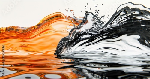 A dynamic splash of orange and black liquid creates an abstract visual effect, showcasing fluid movement and color contrast.