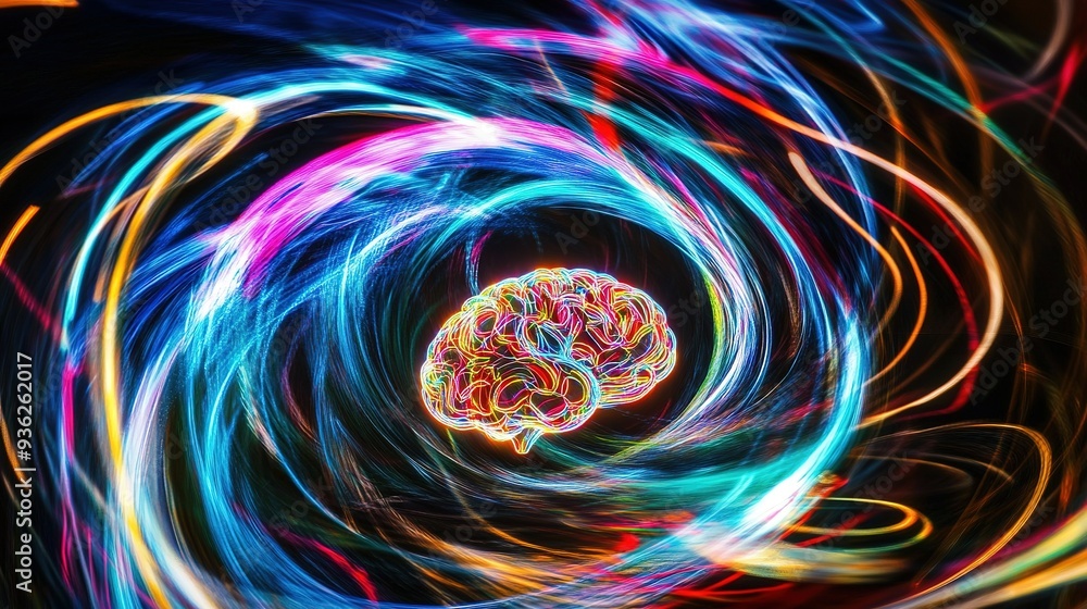 A colorful representation of a brain surrounded by swirling light patterns in a dark background, illustrating neural connections and creativity A colorful representation of a brain surrounded by swirling light patterns in a dark background, illustrating neural connections and creativity