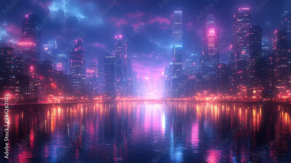 Obraz premium Neon-lit futuristic cityscape reflecting in water at night, vibrant cyberpunk aesthetic.