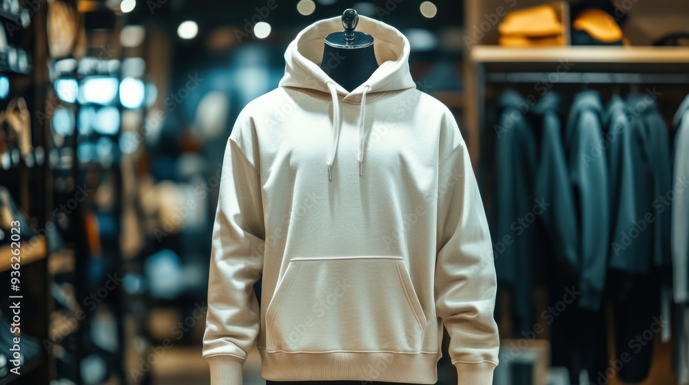 A mannequin is standing in a clothing store with a white hoodie on A mannequin is standing in a clothing store with a white hoodie on
