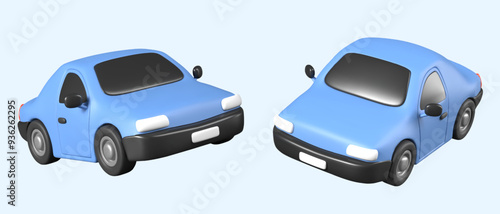 Blue realistic car in different positions. Personal vehicle