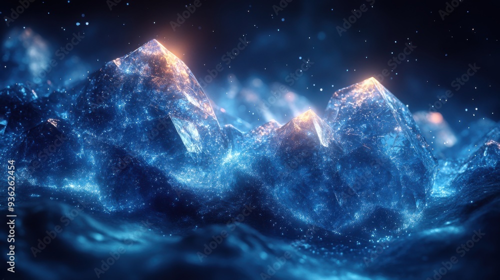 Glowing blue crystals in dark, mysterious landscape under a starry night sky. Glowing blue crystals in dark, mysterious landscape under a starry night sky.