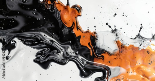 A dynamic swirl of black and orange liquid, creating a visually striking abstract design.