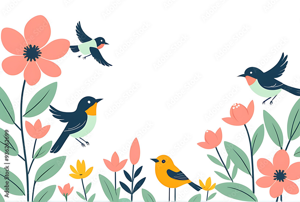 flat spring background blooming flowers birds flat spring background blooming flowers birds