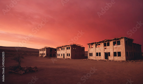 The abandoned houses of the ghost town of Kolmanskop stand silhouetted against the dramatic red sky at sunset in the Namib Desert of Namibia photo