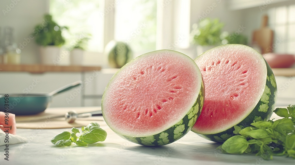 A pair of watermelons resting on a kitchen counter with a nearby knife and potted plant A pair of watermelons resting on a kitchen counter with a nearby knife and potted plant