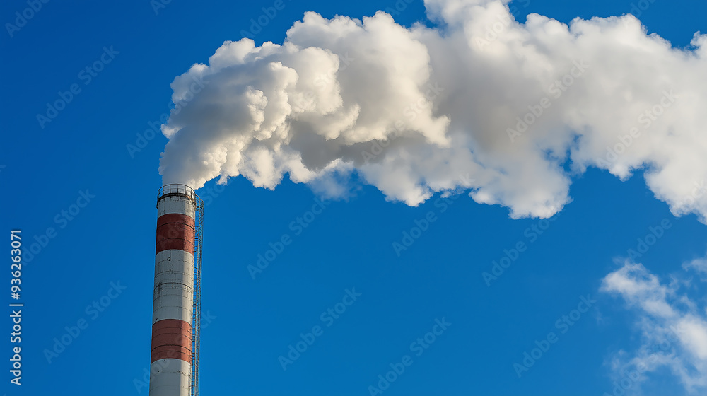 Industrial chimney emitting pollution into blue sky Industrial chimney emitting pollution into blue sky