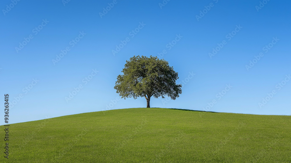 Lone tree standing on a grassy hill under a blue sky Lone tree standing on a grassy hill under a blue sky