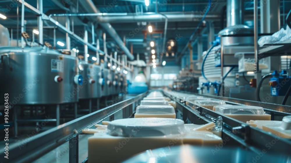 Detailed view of a busy dairy factory showcasing the advanced cheese production process. Machinery and containers align as the workflow highlights the craftsmanship involved Detailed view of a busy dairy factory showcasing the advanced cheese production process. Machinery and containers align as the workflow highlights the craftsmanship involved
