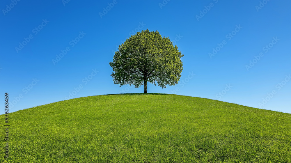 Lone tree standing on green hill under blue sky Lone tree standing on green hill under blue sky