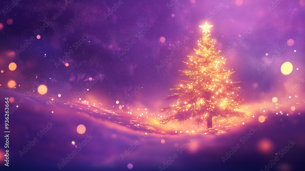 Glowing christmas tree standing in snowy landscape at night Glowing christmas tree standing in snowy landscape at night