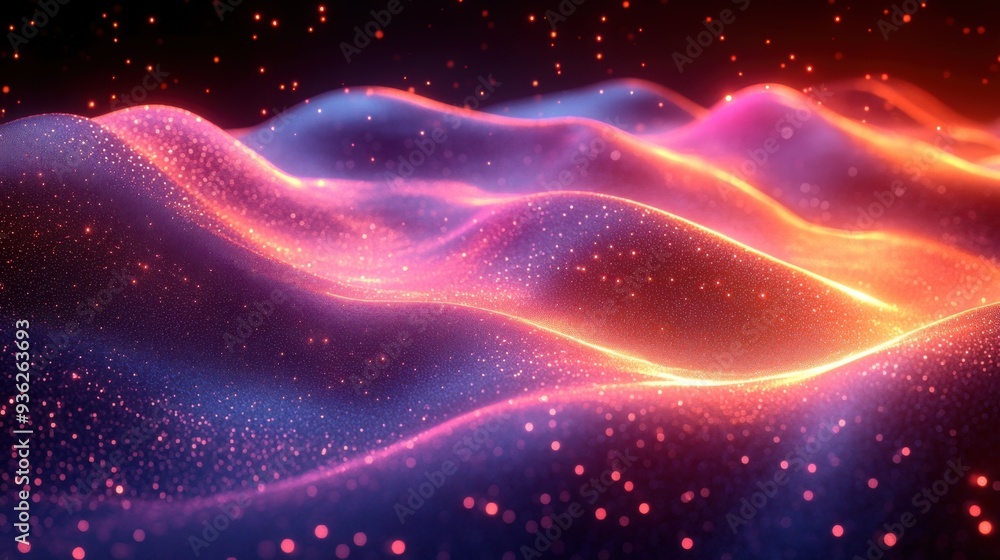 Colorful abstract waves with glowing particles in a futuristic digital landscape Colorful abstract waves with glowing particles in a futuristic digital landscape
