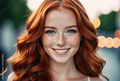 happy young woman long wavy red hair freckles smiling