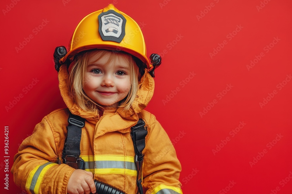 Child in a firefighter costume holding a toy hose, standing on a bright red background Child in a firefighter costume holding a toy hose, standing on a bright red background