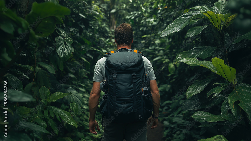 Young man with backpack hiking in tropical forest Young man with backpack hiking in tropical forest