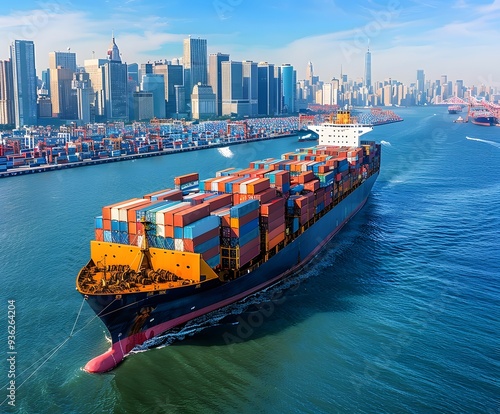 Container Ship Entering Harbor with City Skyline