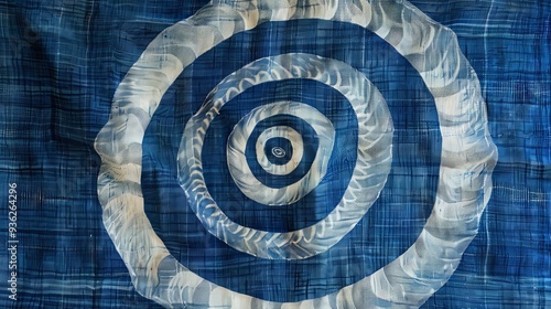 French Blue Ikat Background with Hypnotic Spiral Design in Hippie Style