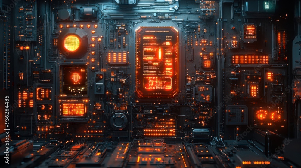 Futuristic circuit board with glowing orange lights in dark technological environment. Futuristic circuit board with glowing orange lights in dark technological environment.